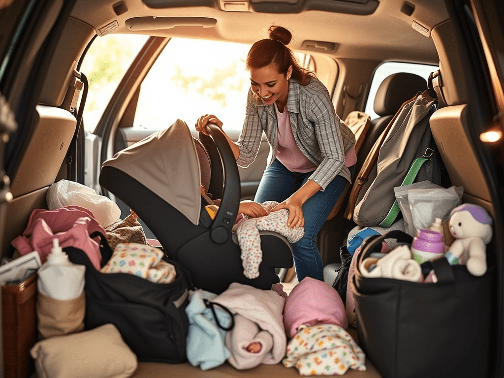 full car with car seat newborn baby and mum